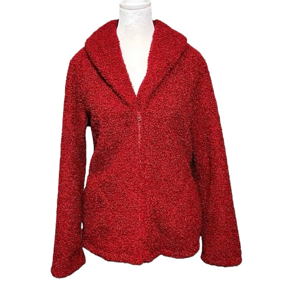 J. Jill Red Teddy Bear Fleece Full Zip Cardigan Sweater with Pockets Size Med